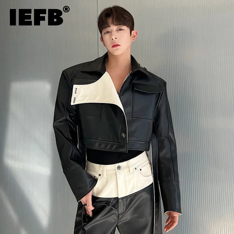 IEFB printemps concepteur court Denim Pu veste en cuir contraste couleur col rabattu à manches longues mâle manteau mode 9A7435 240119