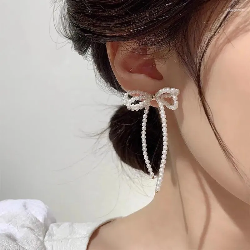 Boucles d'oreilles PANJBJ 925 en argent Sterling perle Bowknot boucle d'oreille pour femmes fille doux joli tempérament bijoux cadeau d'anniversaire goutte