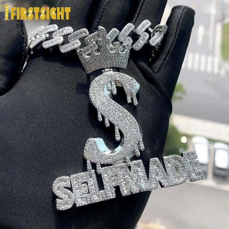 Kedjor isade ut bokstäver självgjorda hängen halsband bling zirkon cz krona dollar symbol badge charm män mode hip hop smycken