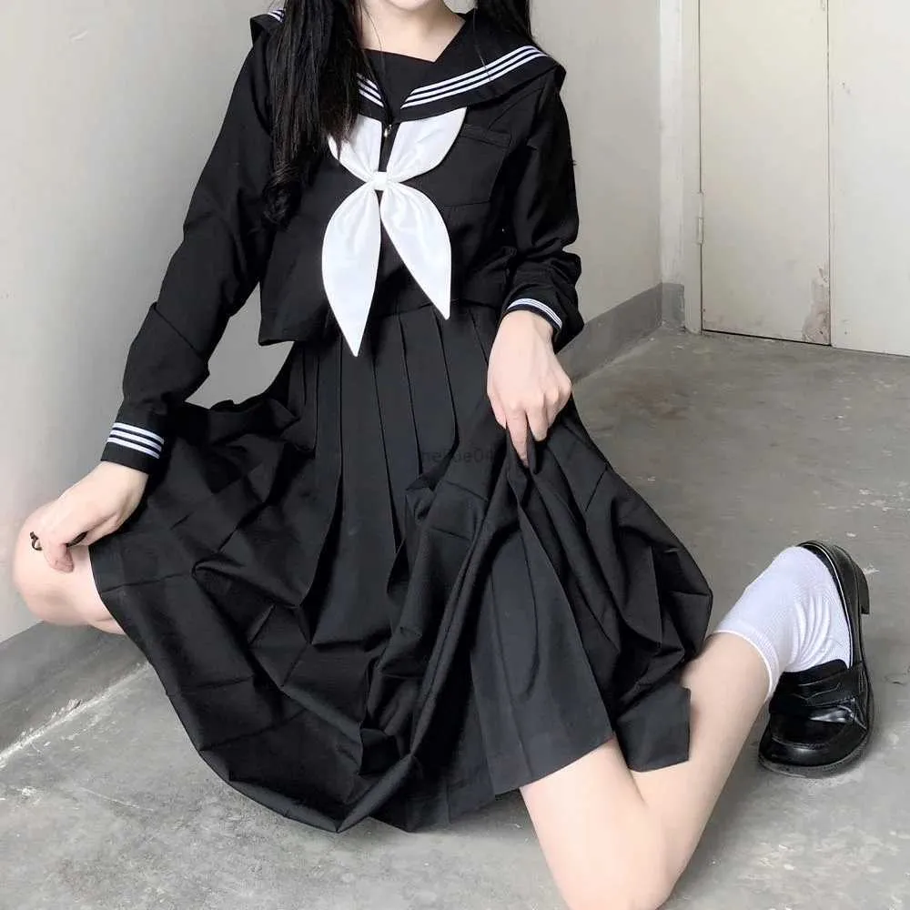 Seksi set Japon Okulu Üniformaları Tarzı Öğrenci Kızlar Donanma Kostüm Kadın Seksi Siyah JK Uzun Elbise Takım Sailor Bluz Pileli Etek Seti