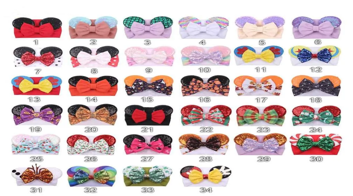 Lantejoulas orelhas de mouse bandana grande arco de cabelo headwrap tecido elástico bowknot diy cabelo com arcos bebê largo halloween hairban2642315