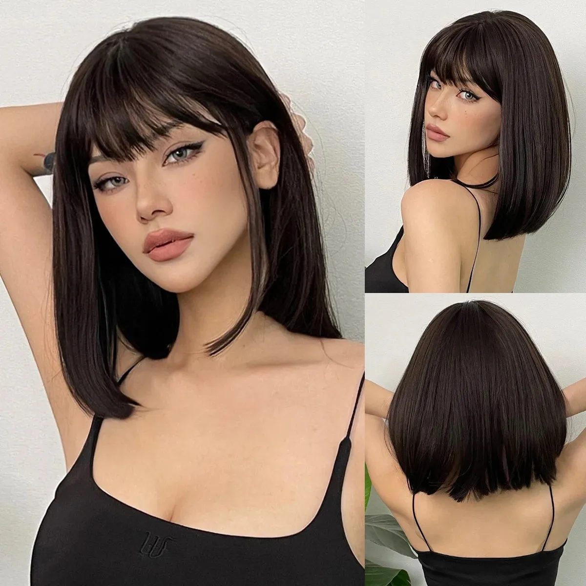 Short black brown synthetic natural hair wig suitable for women Bob straight wig with bangs high-temperature daily role-playing party wig 230125