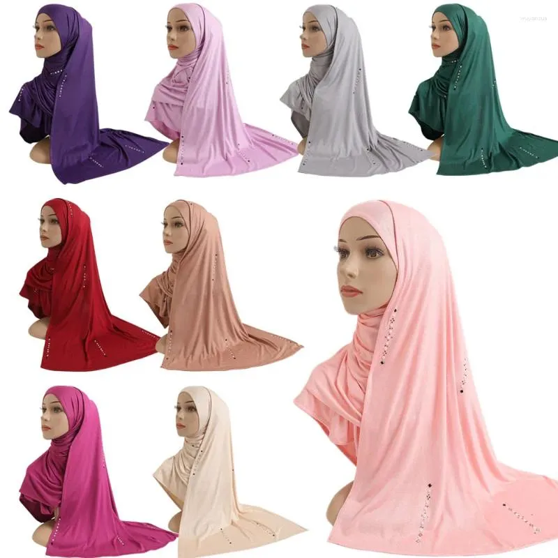 Etnische kleding Katoen Jersey Dames Moslim Lange Sjaal Met Strass Modale Hoofddoek Islamitische Hijab Dragen Arabische Rechthoekige Hoofddoek Dame