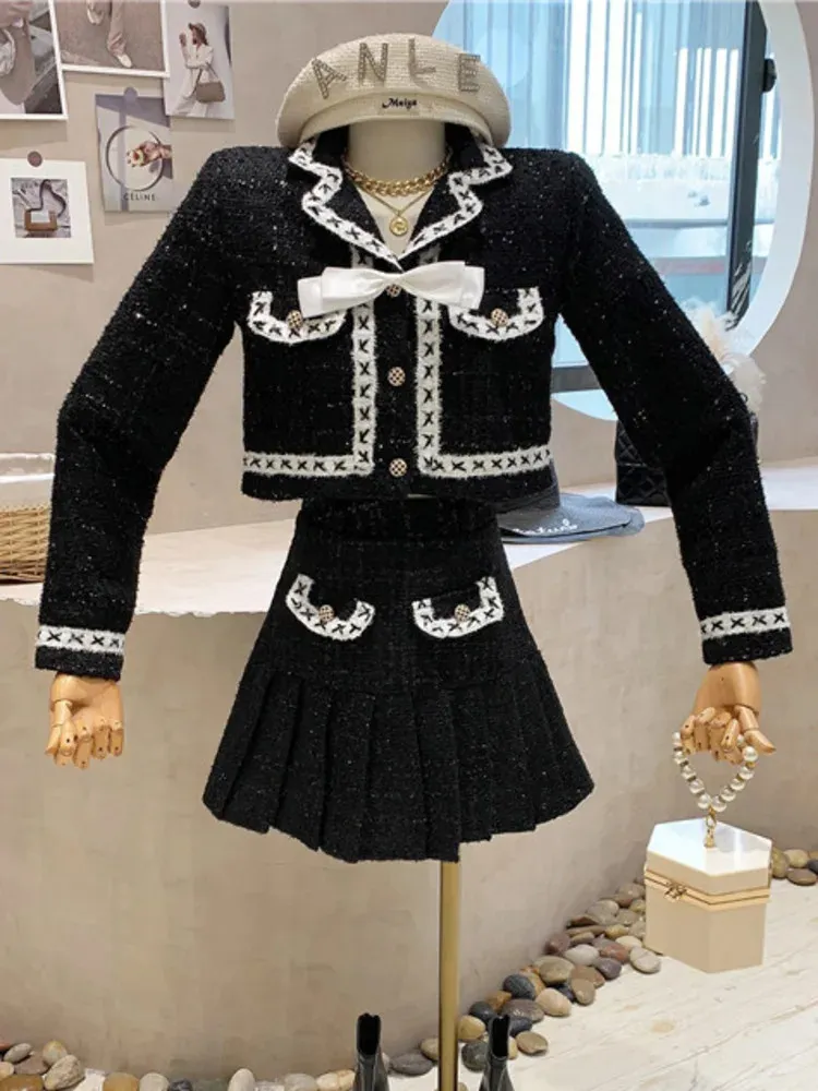 Модный маленький ароматный твидовый комплект из двух предметов, женский укороченный топ с бантом, короткая куртка, пальто, плиссированная юбка, костюмы, винтажные комплекты из 2 предметов 240118