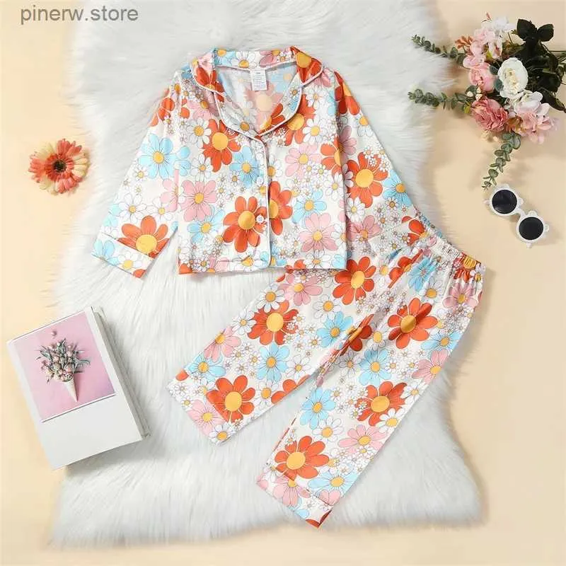 Clothing Sets Silk Satin Kids Children Pajamas Set Sleepwear Floral Print Button up Long Sleeve Shirt Elastic Pants 2PCS Loungewear Nightwear