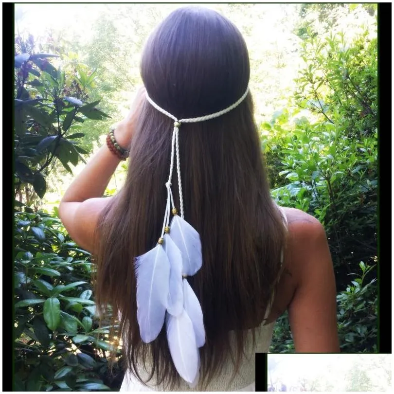 Headbands Romani White Feather Headbands Bohemian Brides Hair Rope Bead Longe Woven Pretty Drop Delivery Jewelry Hairjewelry Dhxtb