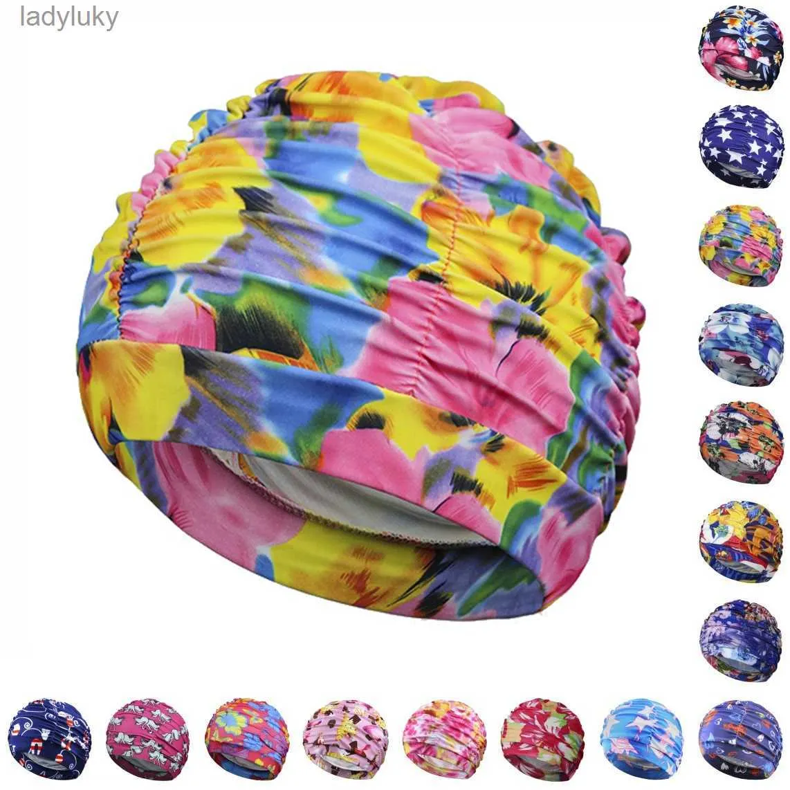 Gorros de natación Mujeres Gorro de piscina Señoras Flores múltiples Tela estampada Nadar Deporte Proteger el cabello largo Oreja Gorros de baño de nailon grandes Sombrero TurbanL240125