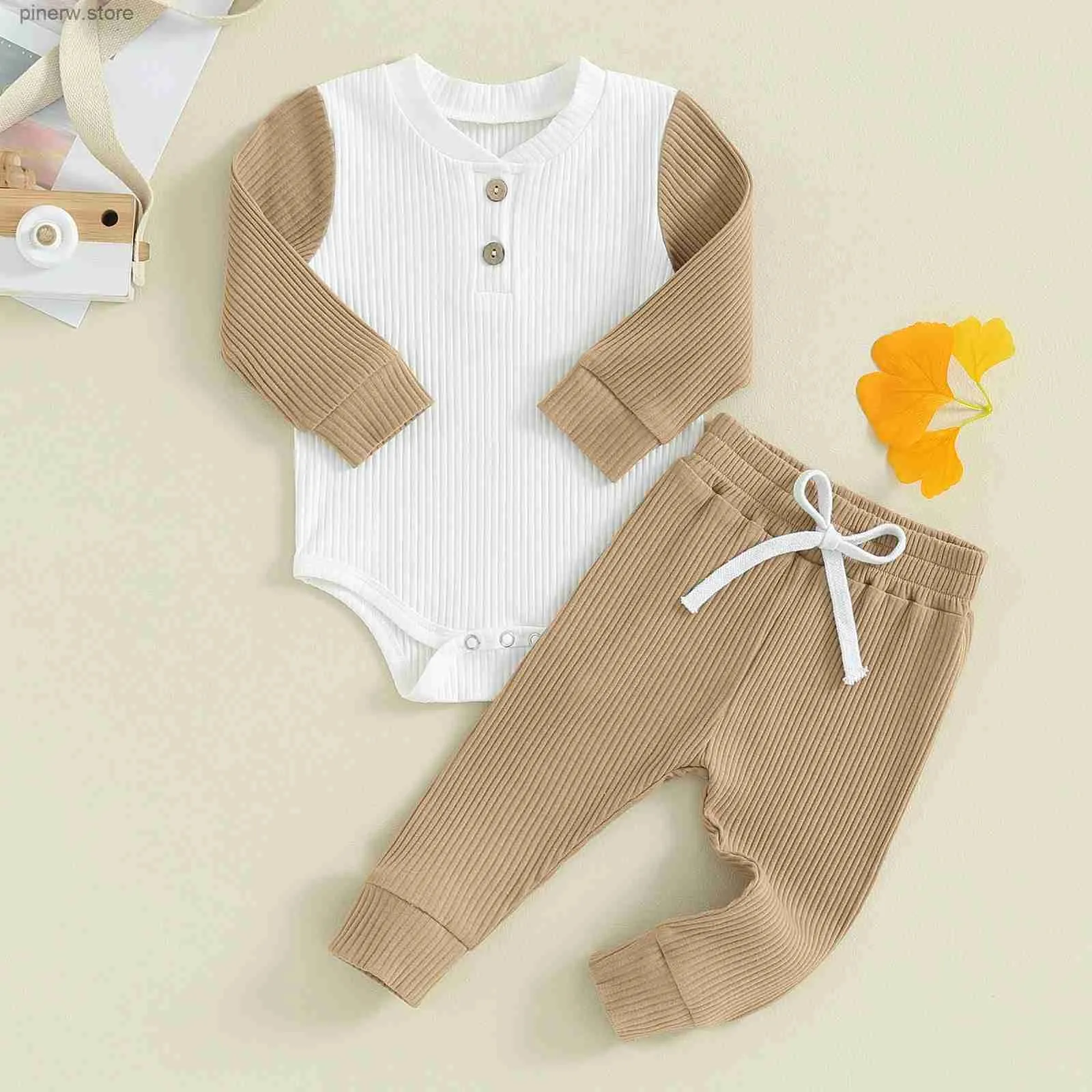 Clothing Sets Soft Cotton Ribbed Baby Girls Boys Clothes Fall Spring Kids Outfits Buttons Contrast Color Long Sleeve Rompers Long Pants Set