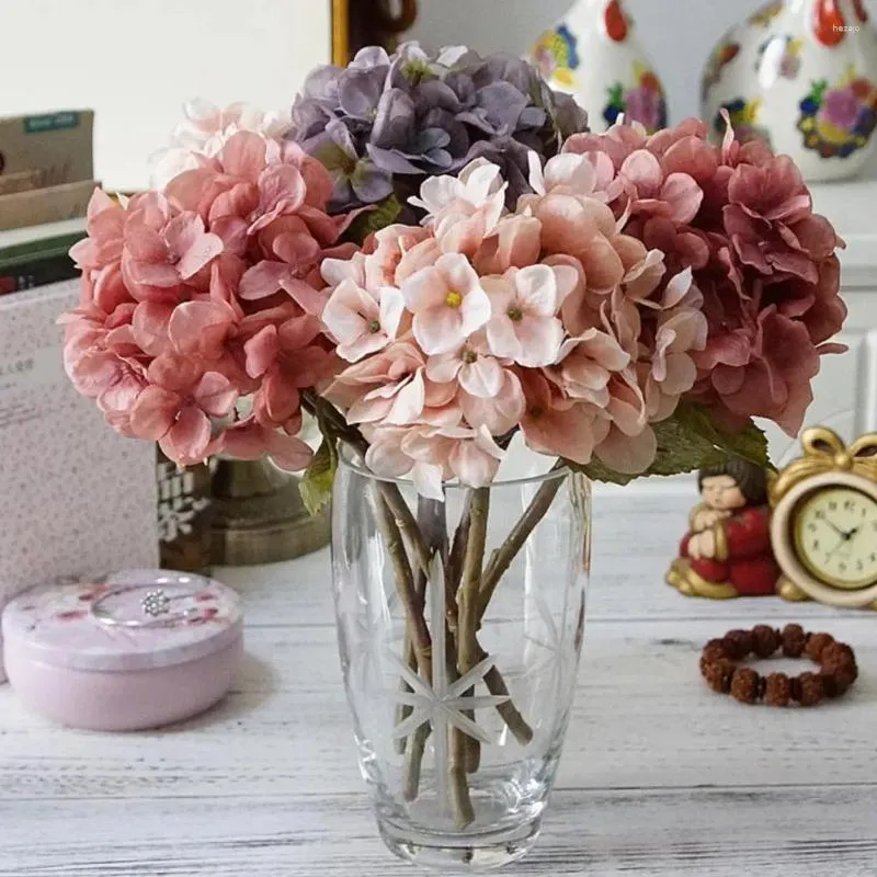 Flores decorativas 1 ramo flor falsa com 3 folhas não murchar falso pano de seda artificial hortênsia buquê de casamento acessórios decoração de casa