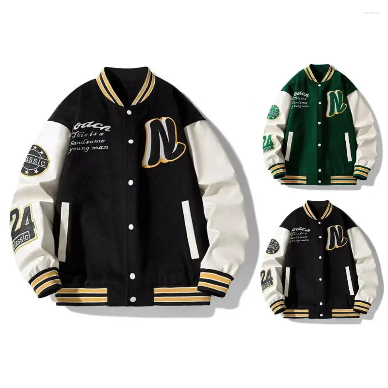 Men's Jackets Two Side Pockets Jacket Stand Collar Striped Letter Pattern Cardigan Coat With Long Sleeve Baseball For Winter