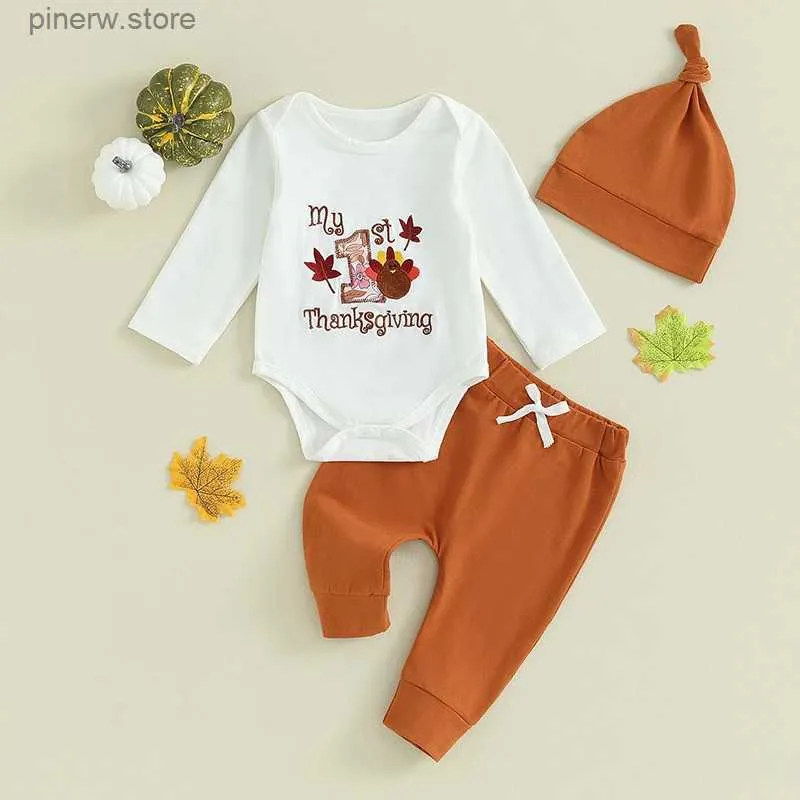 Ensembles de vêtements Lioraitiin 0-12M bébé filles garçons Thanksgiving tenues lettre dinde manches longues barboteuses pantalons longs chapeau vêtements ensemble