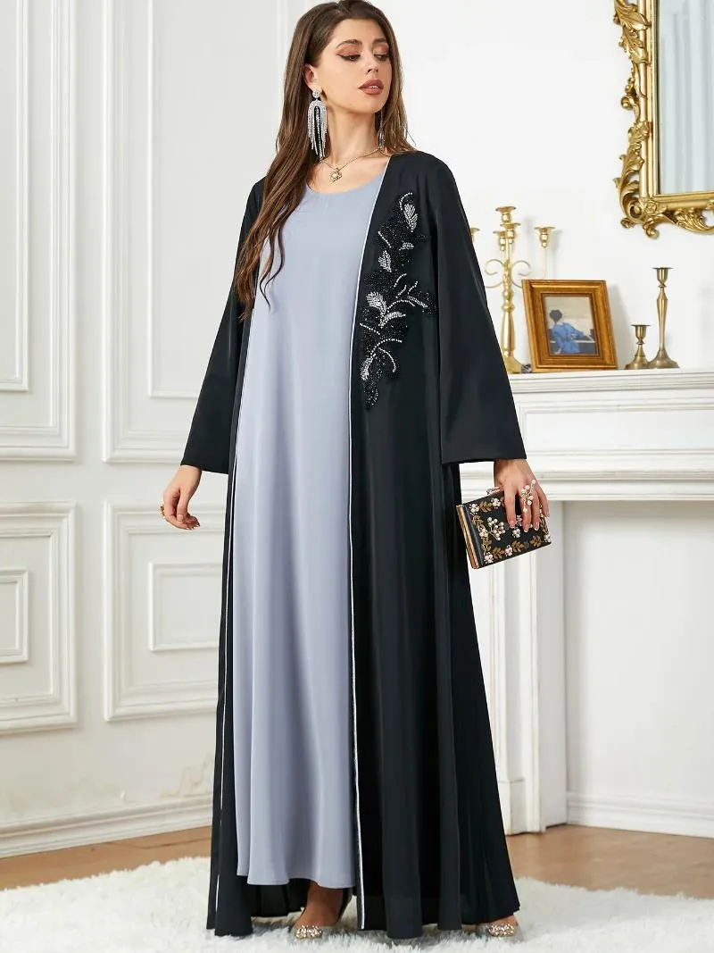 Odzież etniczna Czarna abaya dla kobiet haft z koralikami plisowany Dubai Open Abayas Islamski muzułmańskie sukienki Cardigan Ramadan