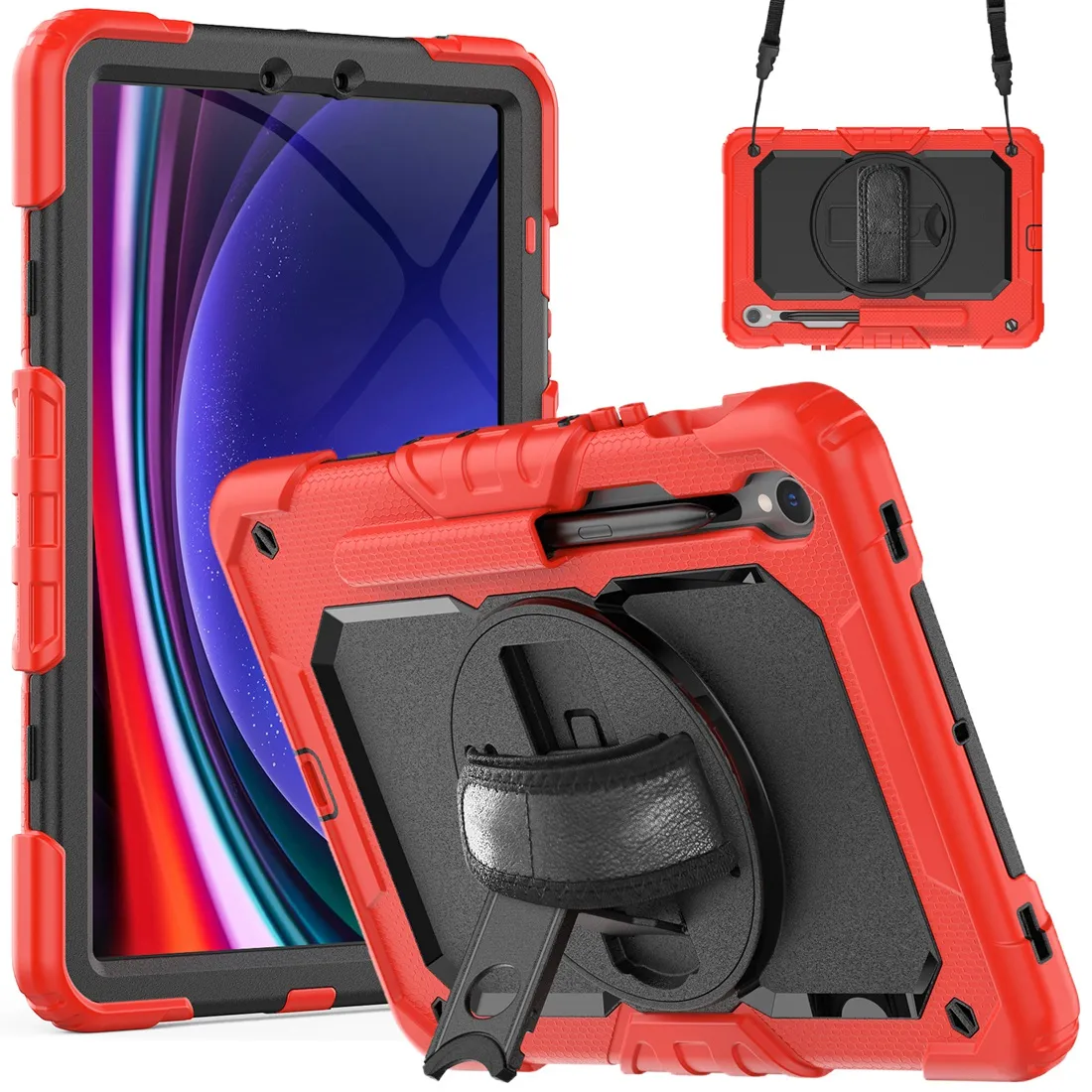 tough armor Hand Strap Shoulder Strap 360 Rotatable Kickstand Protective Case for Samsung Galaxy Tab S9+ Plus/S9 FE+ Plus 12.4" built-in Screen Protector & pencil holder