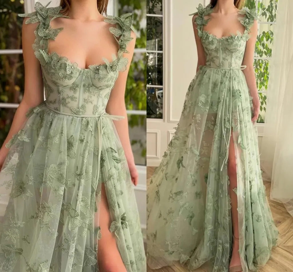 Sage Green 3D Butterflies Floral Lace A-Line Prom Dress with Spaghetti  Straps and Sweep Train from Dhgate Prom Dresses - price 120.31