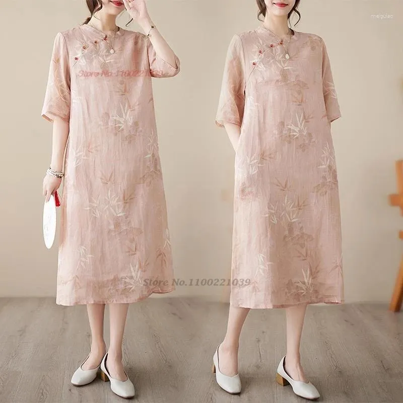 Vêtements ethniques 2024 Chinois amélioré Qipao Robe élégante Vintage Cheongsam National Fleur Imprimer A-ligne Traditionnelle Folk Lâche