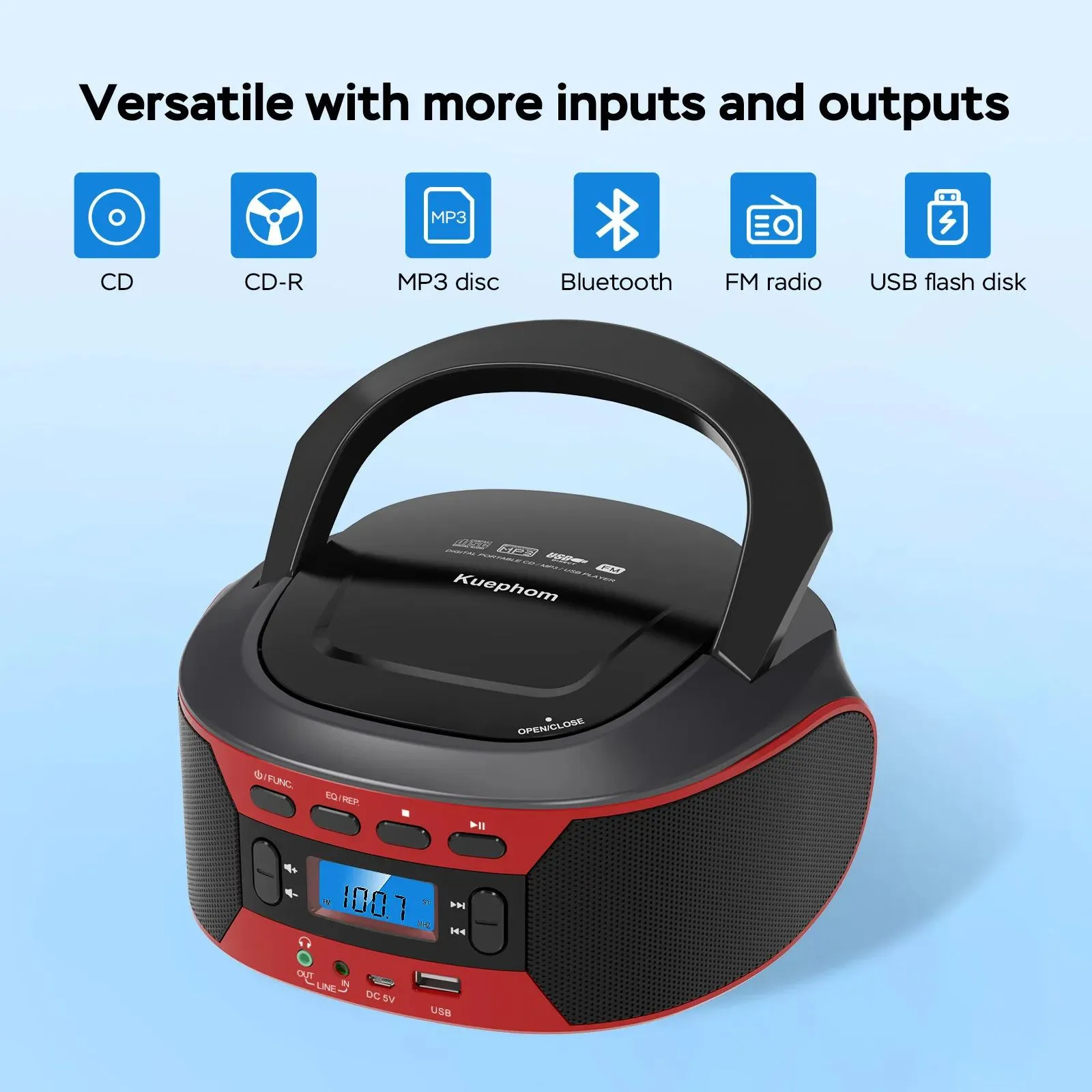Player Stereo Portable CD Player Bluetooth CD Boombox FM Radio with AUX/USB Playback and Earphone Jack for Home/Car/Stage