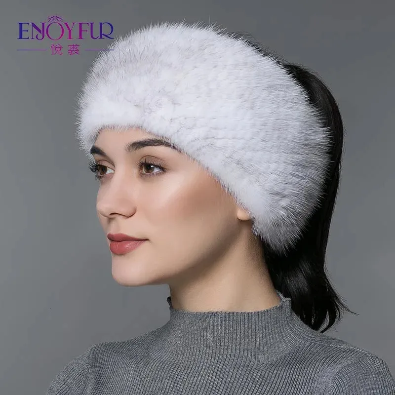 ENJOYFUR hiver fourrure bandeaux pour femmes tricoté naturel vison fourrure tête plus chaud femmes fourrure chapeaux mode fourrure foulards 240122