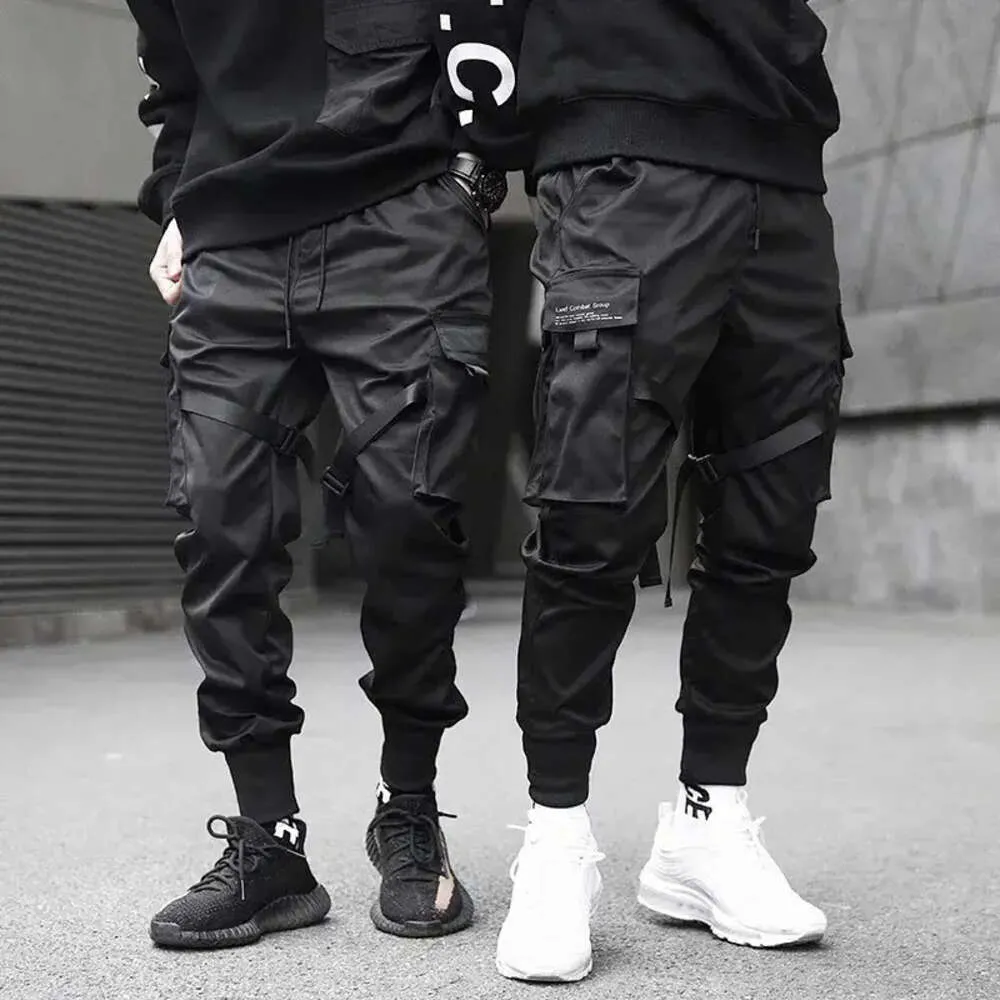 Män band färgblock byxor svart ficklast harem joggare harajuku sweatpant hip hop byxor 13 921