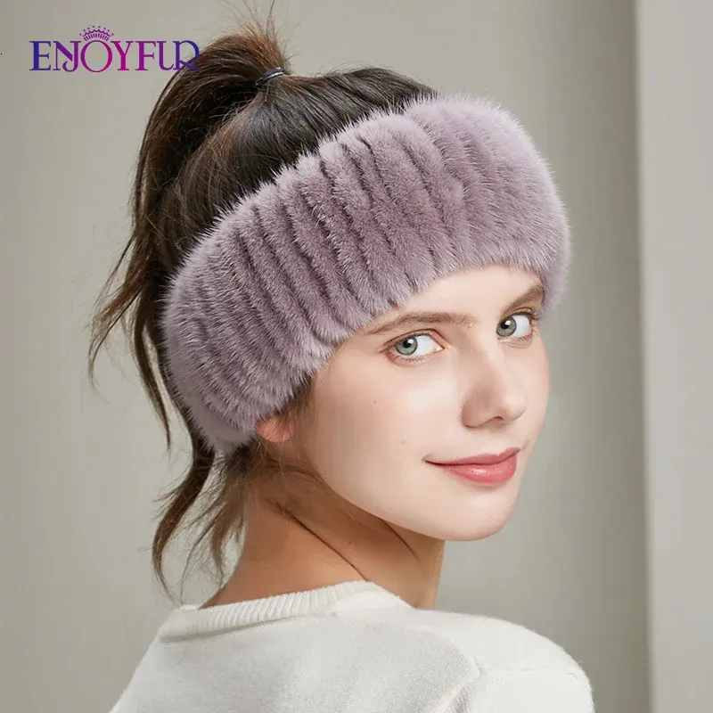 ENJOYFUR Women Winter Fur Headband Knitted Natural Mink Fur Female Headwear Fashion lady Designer Elastic Hair Accessories 240122