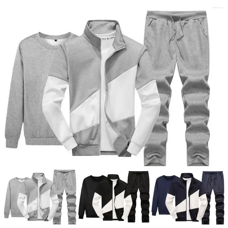 Ensembles de course respirant hommes Sweat costume hommes 3 pièces Kit de vêtements de sport avec veste de couleur contrastée Sweat-shirt à col rond