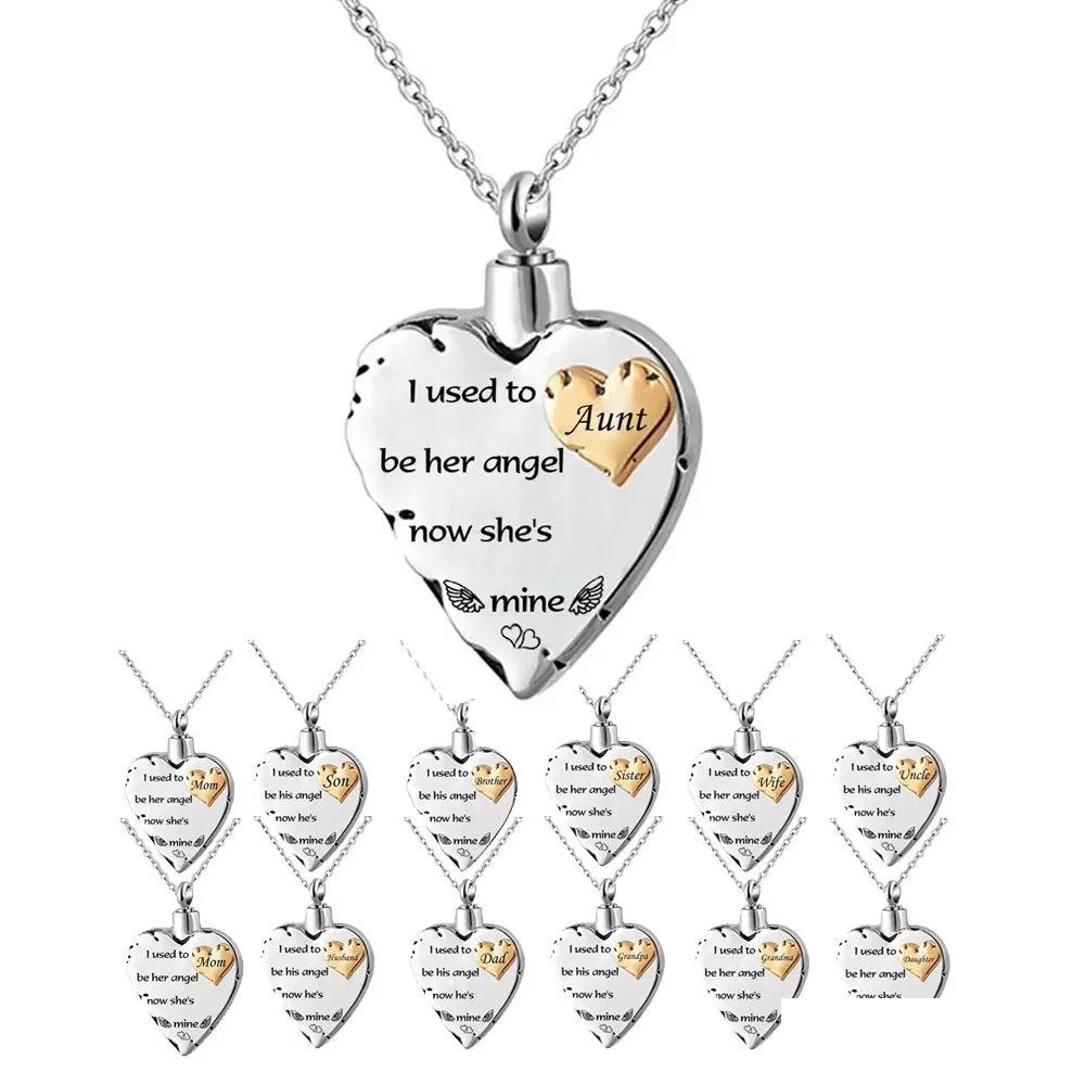Pendant Necklaces Heart Pendant For Ashes Cremation Urn Necklace Memorial Keepsake Jewelry Gift - Engraved I Used To Be His Angel Now Dh3Pt
