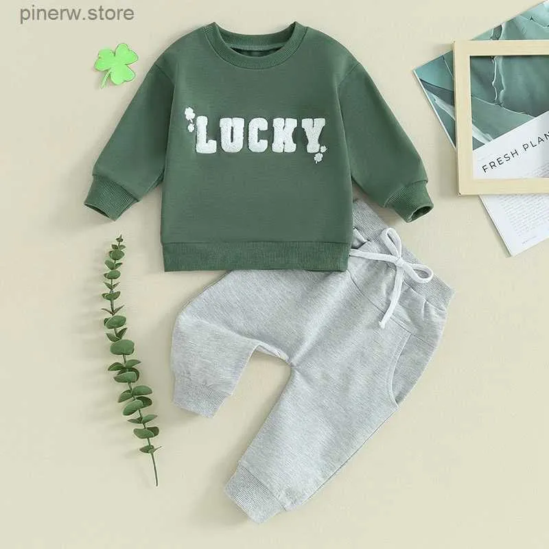 Set di abbigliamento Lioraitiin Set di vestiti per la giornata irlandese dei ragazzi del bambino Set di top con ricamo a foglia di trifoglio a maniche lunghe + pantaloni con coulisse