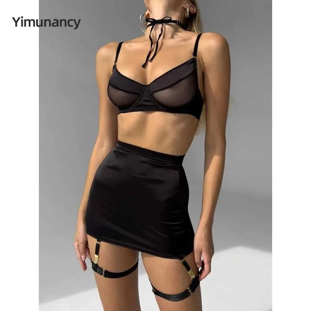 Sexig uppsättning Yimunancy Bow Tie Mesh Patchwork 5-stycke Underkläder Set Women Choker Sexig Bra + Panty Underwear Set Garter Erotic Brief Kit
