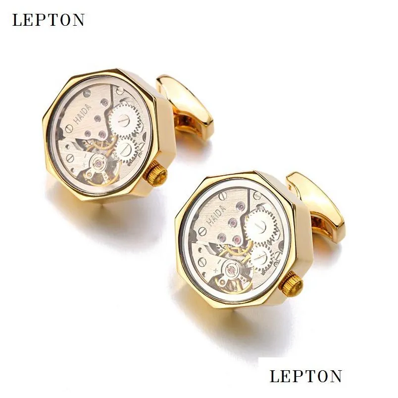 Cuff Link And Tie Clip Sets Watch Movement Cuff Links Of Immovable With Glass Lepton Stainless Steel Steampunk Gear Mechanism Cufflink Dhqbf