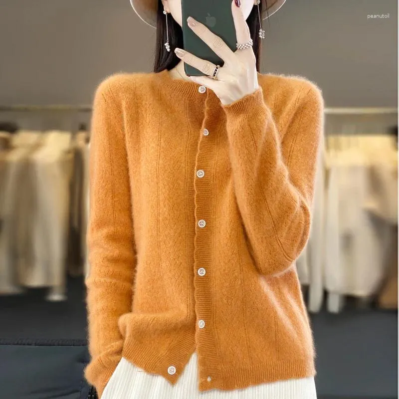 Women's Knits Autumn Winter Women Merino Wool Sweater Lace O-neck Wheat Ear Pattern Hollow Out Cardigan Casual Knit Soft Bottoming Top