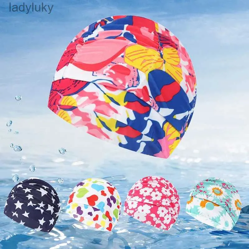 Simning av mössor Tyg Simningskåpor Kvinnor Solid färg Mixed Color Printed Ear Protection Stor Swimming Cap Beach Swimming AccessoriesL240125