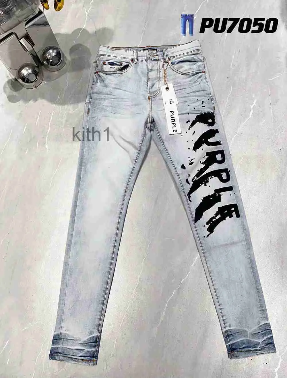 Jeans pour hommes nouveau violet avec impression d'étiquettes High Street Slim Fit Hip-hop Designer marque pantalon bleu clair 231215 5KYY
