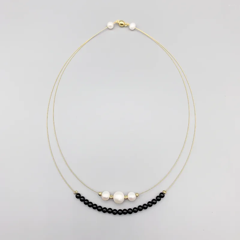 Pendants FoLisaUnique 7-8mm White Freshwater Pearls 4mm Black Onyx Necklace For Women Gold Filled Beads Elegant Choker Layers