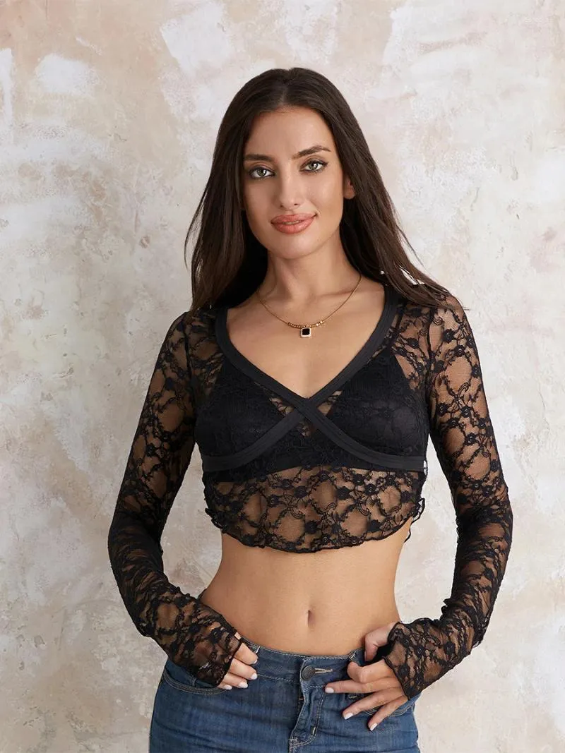 Women's T Shirts Lace Crop Tops Summer Sexy Sheer Long Sleeve Deep V Neck Blouse Chic See-Through Slim Fit T-Shirts Dressy Blouses Street