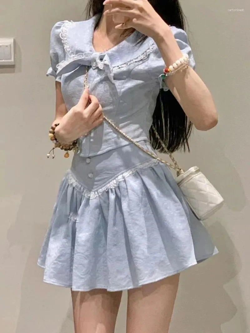 Work Dresses French Sweet Doll Neck Top Pleated Skirt Two-piece Set Women Fashion Lace Splice Print Bubble Sleeves Slim Summer College Suit