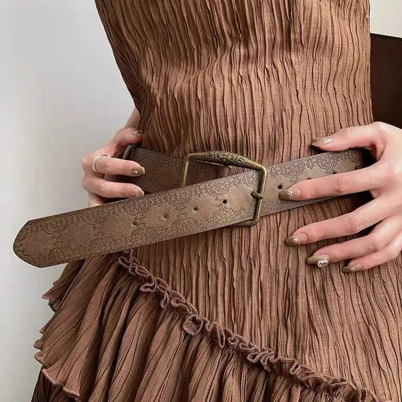 Belts Vintage Pattern Print Belt Carved Western Design Brown Jeans Dress Hip Hop Street Style Pu Leather Women Fashion Accessories