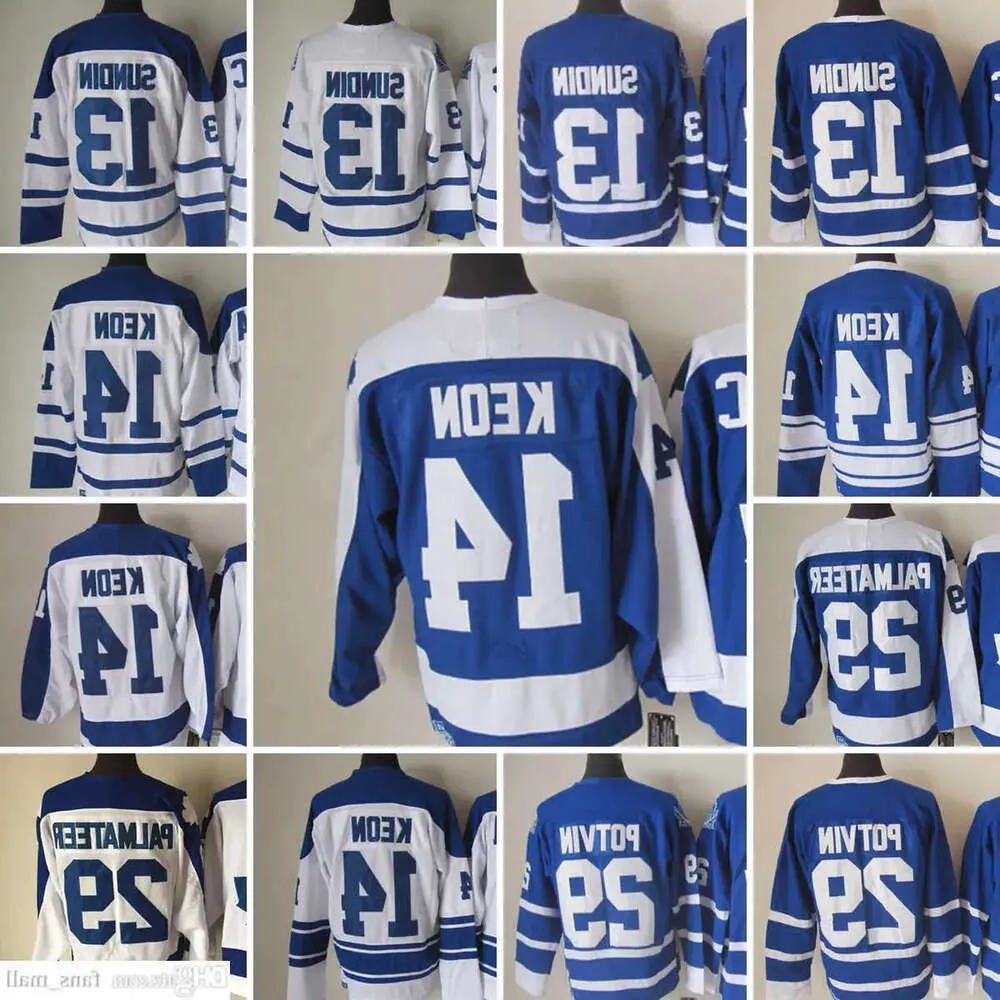 Film CCM Vintage Eishockey 13 Mats Sundin Trikots 14 Dave Keon 29 Mike Palmateer 13 Mats Sundin Herren Sticktrikot Weiß Blau Gr 72