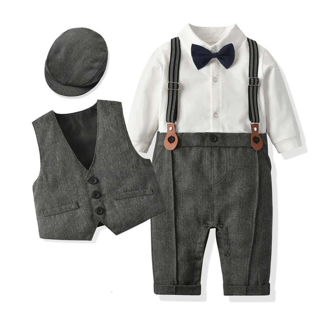 born Boy formelle Kleidung Set Kleinkind Jungen Gentleman Geburtstag Strampler Outfit mit Hut Weste Langarm Säugling Overall Anzug formell 240118