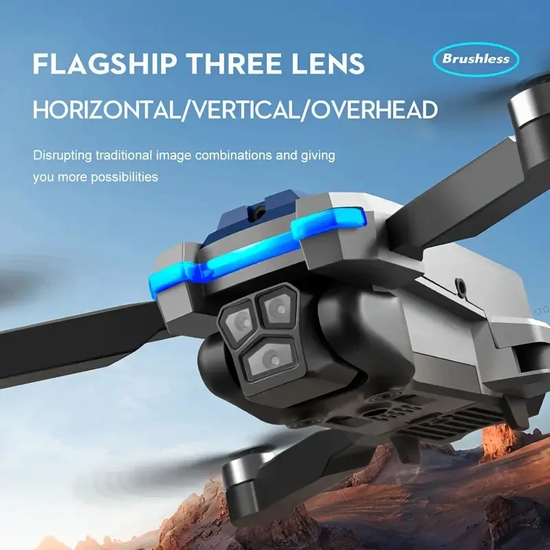 Drone aéreo sin escobillas con tres cámaras, antivibración electrónica EIS, disparos más claros, diseño liviano, tecnología antiinterferencias de 2,4 GHz, giroscopio de seis ejes