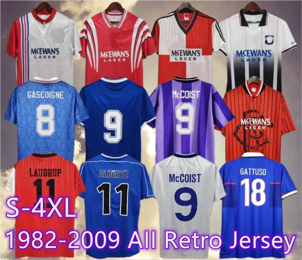 Fans toppar tees anpassade Glasgow Rangers retro fotbollströjor Gascoigne 1982 1984 82 83 84 86 87 90 92 93 94 95 96 97 99 2001 02 03 McCoist Albertz Classic Vintage J J240309