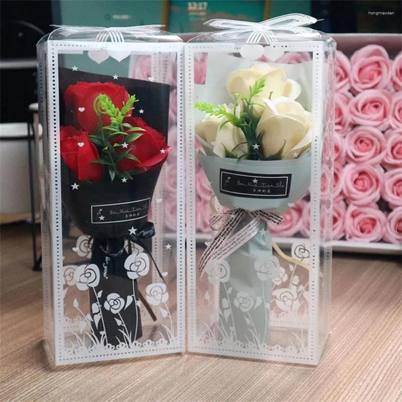 Decorative Flowers Romantic Valentine's Day Gift 3 Heads Artificial Rose Bouquet Boxed Soap Flower For Girlfriend Wedding Decor