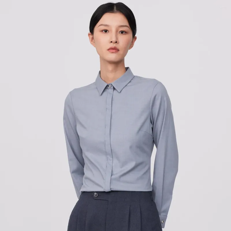 Kadınlar bluz bayanlar ofis gizli düğmeli plaket uzun kollu gömlek basit iş bluz hafif streç biçimsel gündelik slim fit elbise