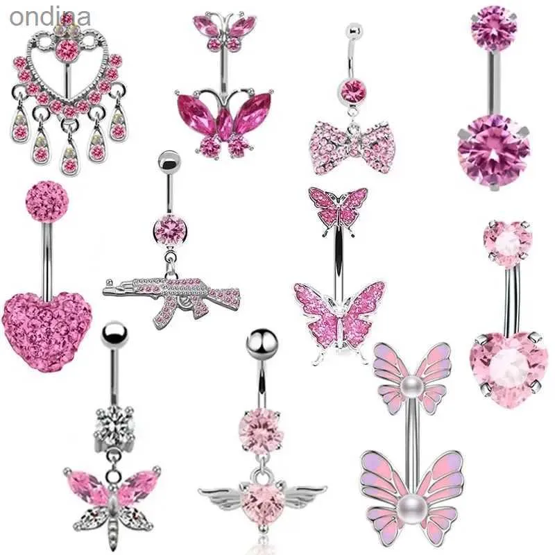 Anéis de botão de umbigo 1 peça 14G de aço inoxidável borboleta umbigo umbigo anéis femininos moda umbigo anel piercing piercings corporais joias rosa YQ240125