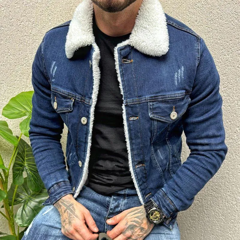 Herrjackor mode vinter långärmad solid denimrock 2024 stil lapel krage ull outkläder män kläder motorcykel manliga smala jeans