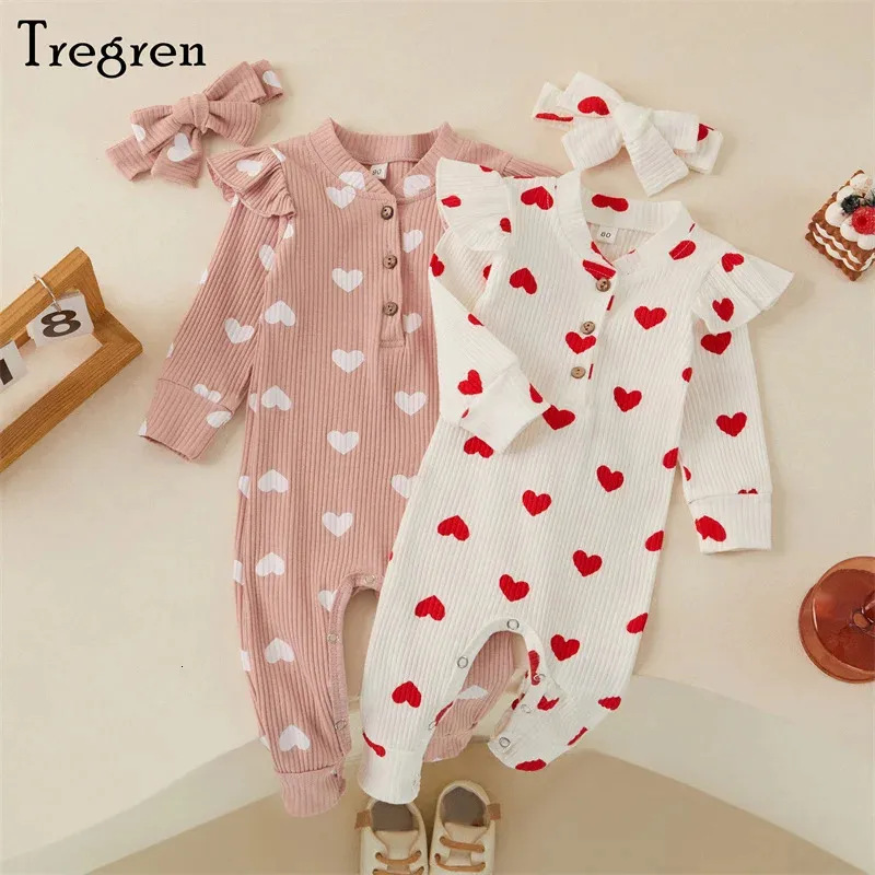 Tregren 018M born Baby Girls Romper Sweet Heart Print Long Sleeve Crew Neck Jumpsuit With Bow Knot Headdress Fall Clothing 240125