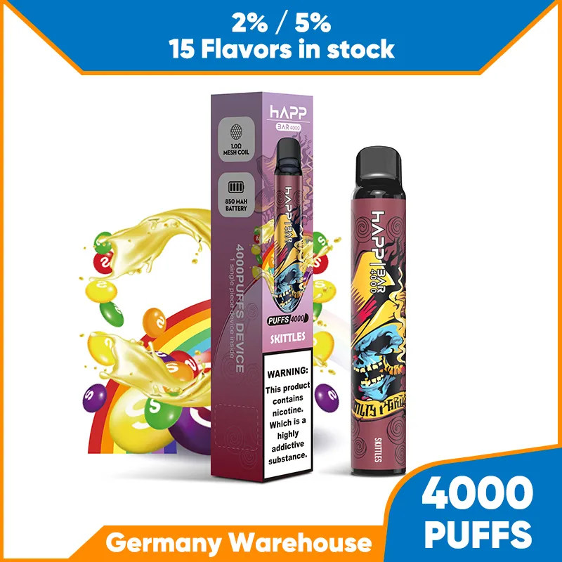 Orijinal Happ Bar E Sigara 4K 4000 Puflar Tek kullanımlık vape kalem iyi tat tatlı 2% 5% 5 NIC HIZLI TESLİM Deposu Almanya'da Buharlaştırıcı AB'de Popüler
