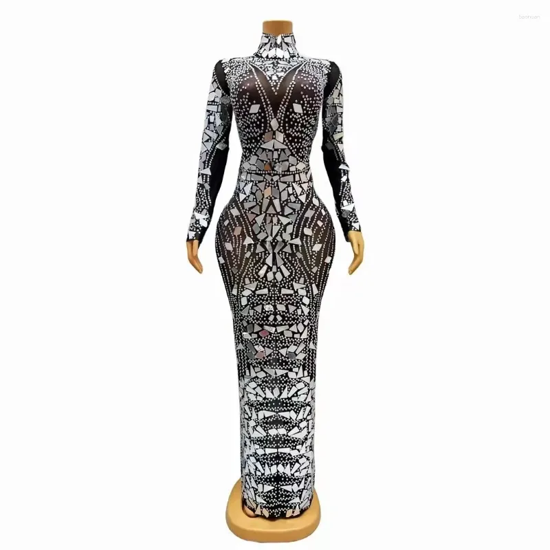 Stage Wear Sexy Shining Silver Rhinestones Mirrors Birthday Celebrate Dress Singer Dance See Through Black Mesh Stretch Po Shoot