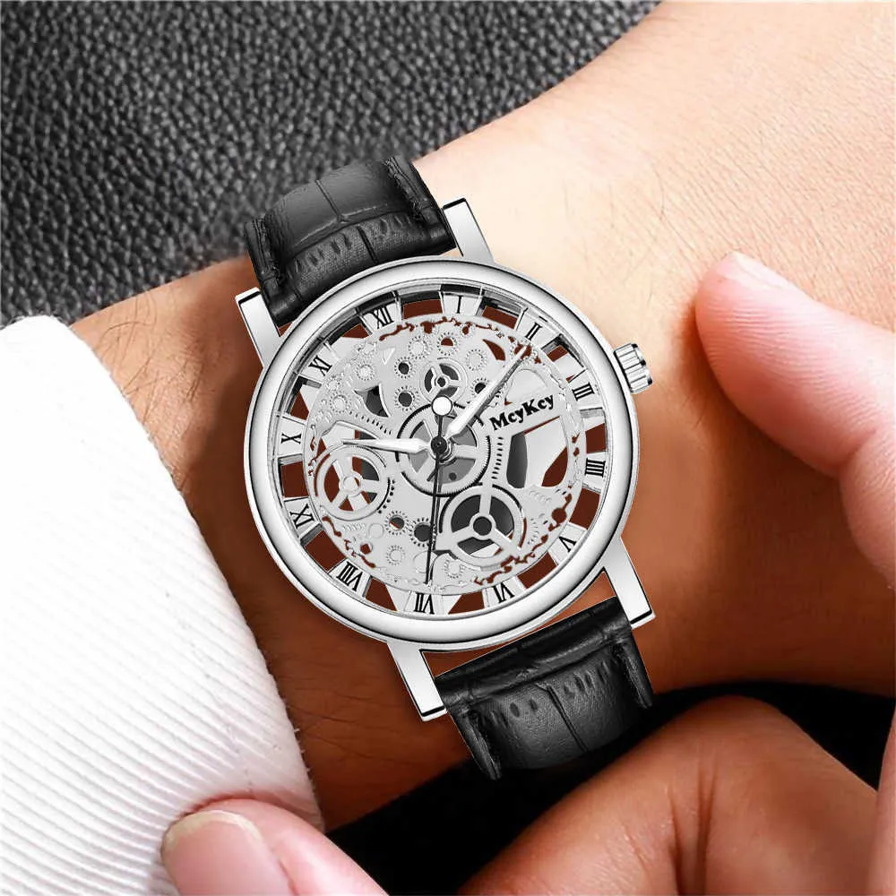 New watch men's transparent hollow imitation mechanical belt quartz