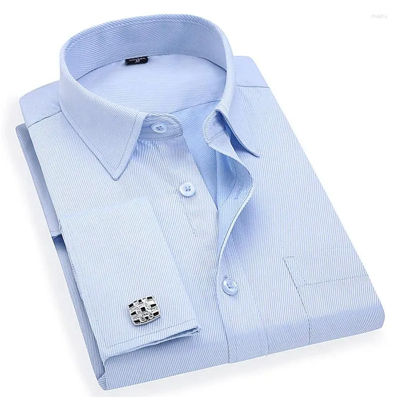 Herrklänningskjortor Men's French Cufflinks Business Long Sleeves White Blue Twill Asian Size M L XL XXL 3XL 4XL 5XL 6XL