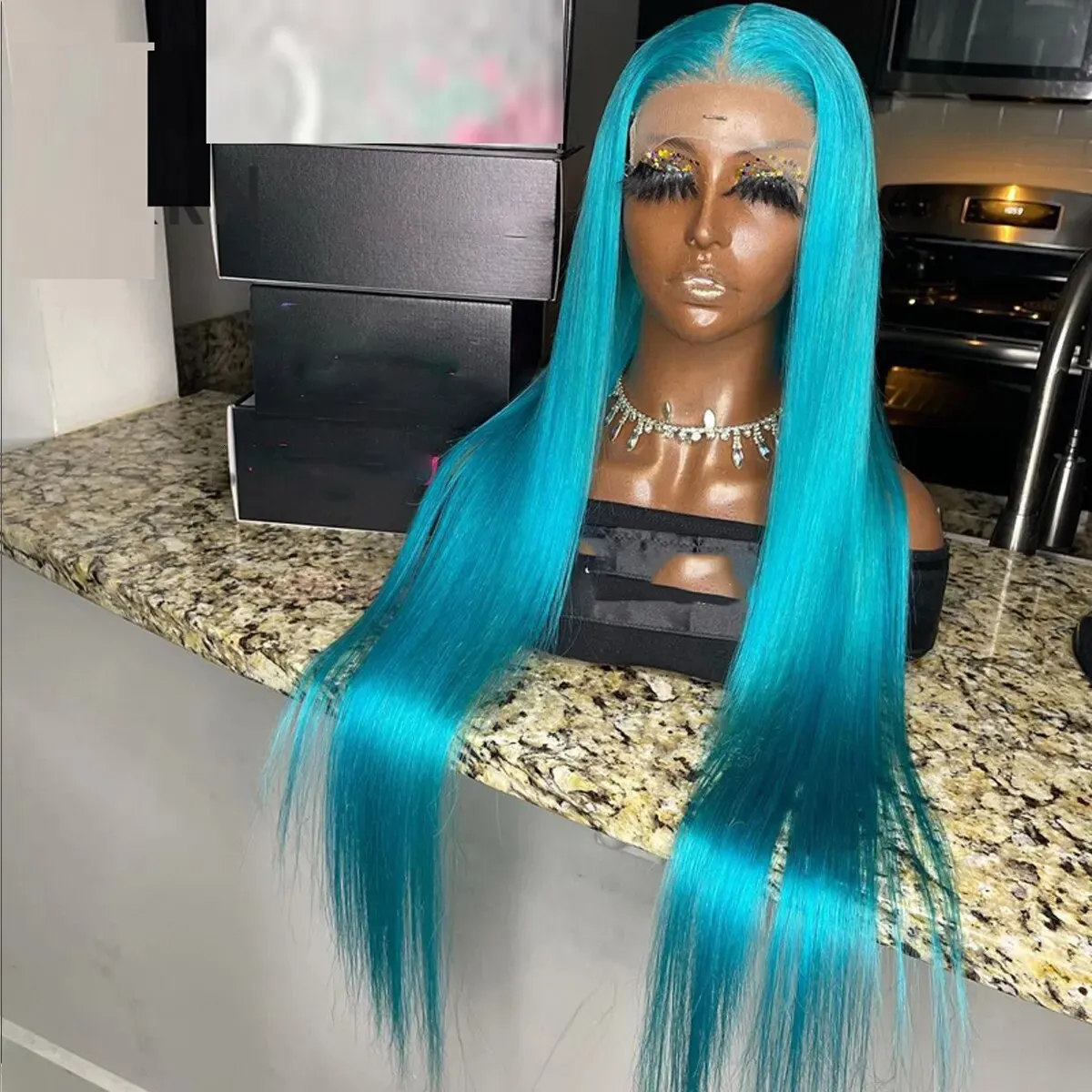 13x4 deep lace front wig synthetic soft glue free natural sky blue 26 inch long straight baby hair 180% density pre insert 230125