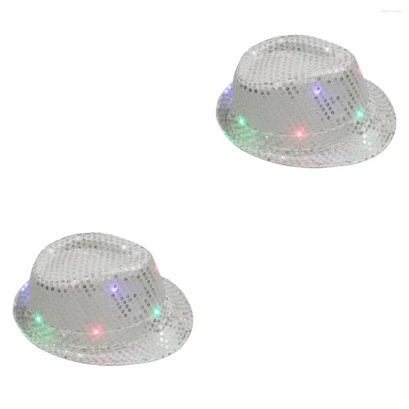 Casquettes de boule 2 pièces LED chapeau de Jazz lumineux accessoires de scène chapeaux Flash avec paillettes paillettes décor pour la fête (argent)